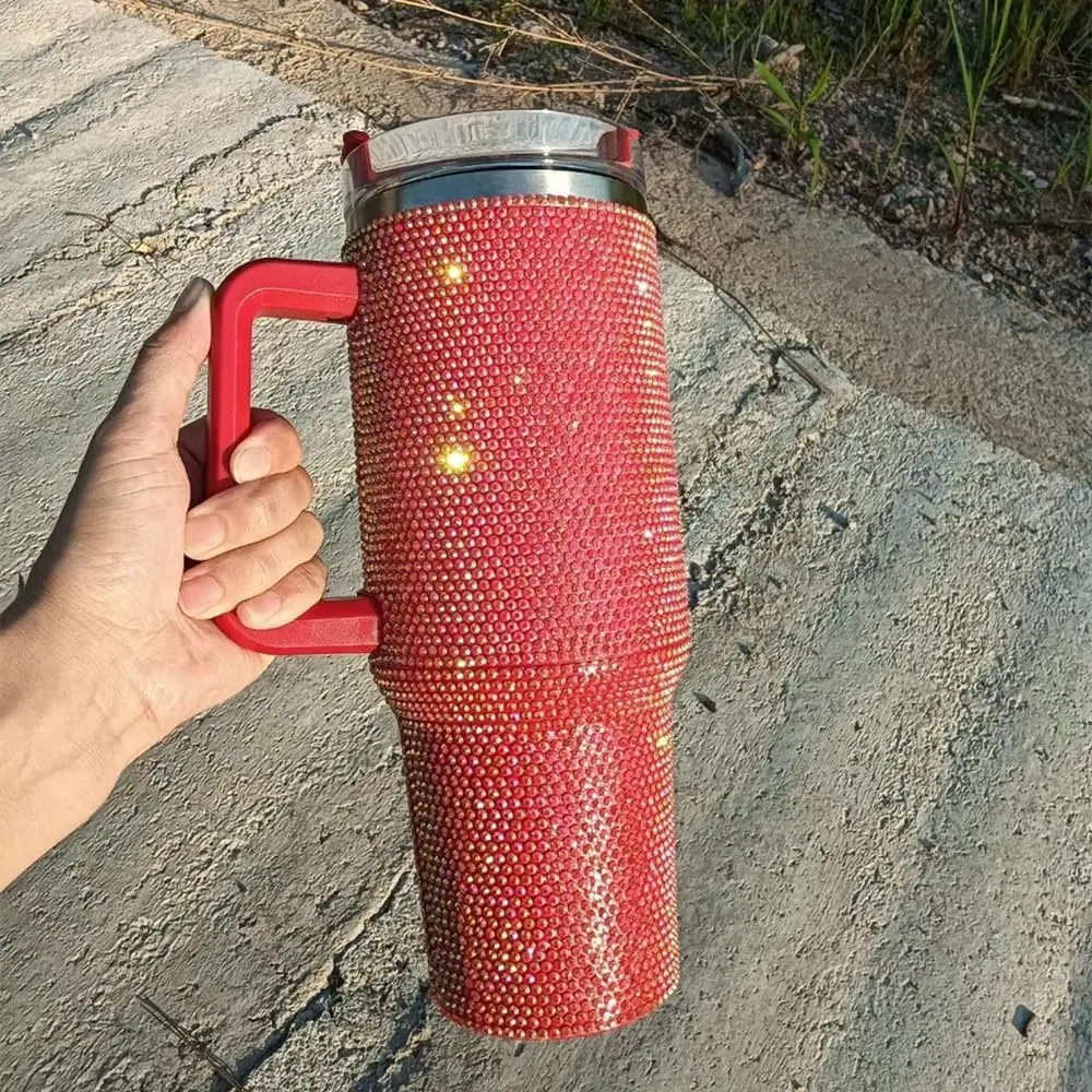 Shiny Rhinestone 40 Oz Tumbler with Handle,Stainless Steel Insulated Travel Coffee Mug Double Wall Leak Resistant Vacuum Tumbler