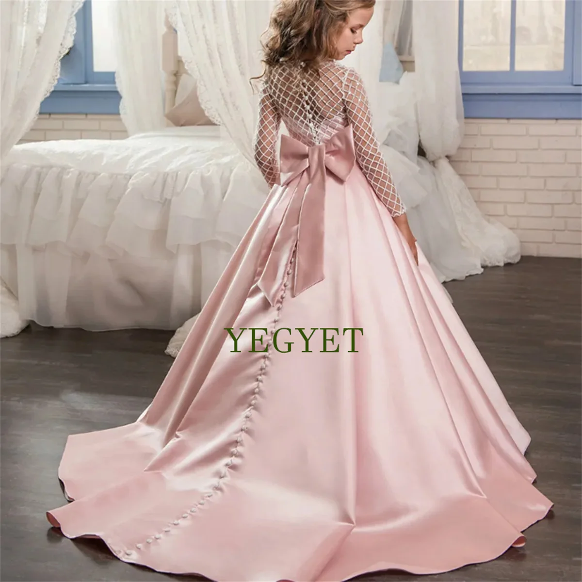 

Girls Flower Girl Dresses For Wedding With Satin Bow Sequined Lace Toddlers Princess Pageant Gowns Children Kids Birthday Dress