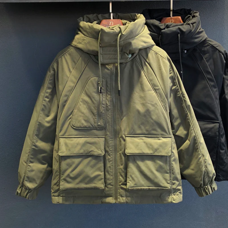 Winter new men's hooded stand up collar down jacket, fashionable workwear pocket, high-end casual simple outdoor clothes