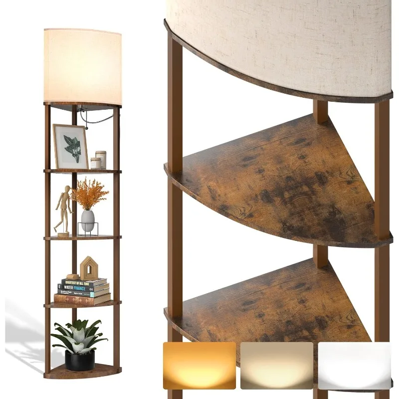 

Corner Lamps 5-Tier Shelf Floor Lamp Display with 3 Color Temperatures LED Bulb and Linen Lamp Shade, Shelves for Living Room