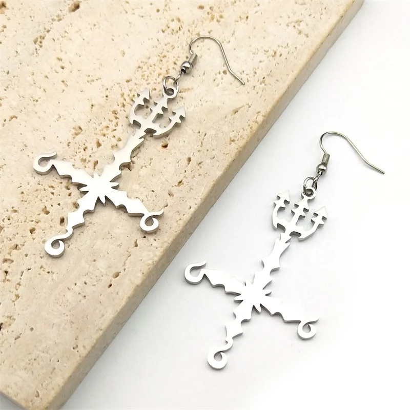 Heavy Metal 666 Music Band Drop Earrings Stainless Steel Black Color Sigil Church of Satan Fork Cross Dangle Earring Biżuteria