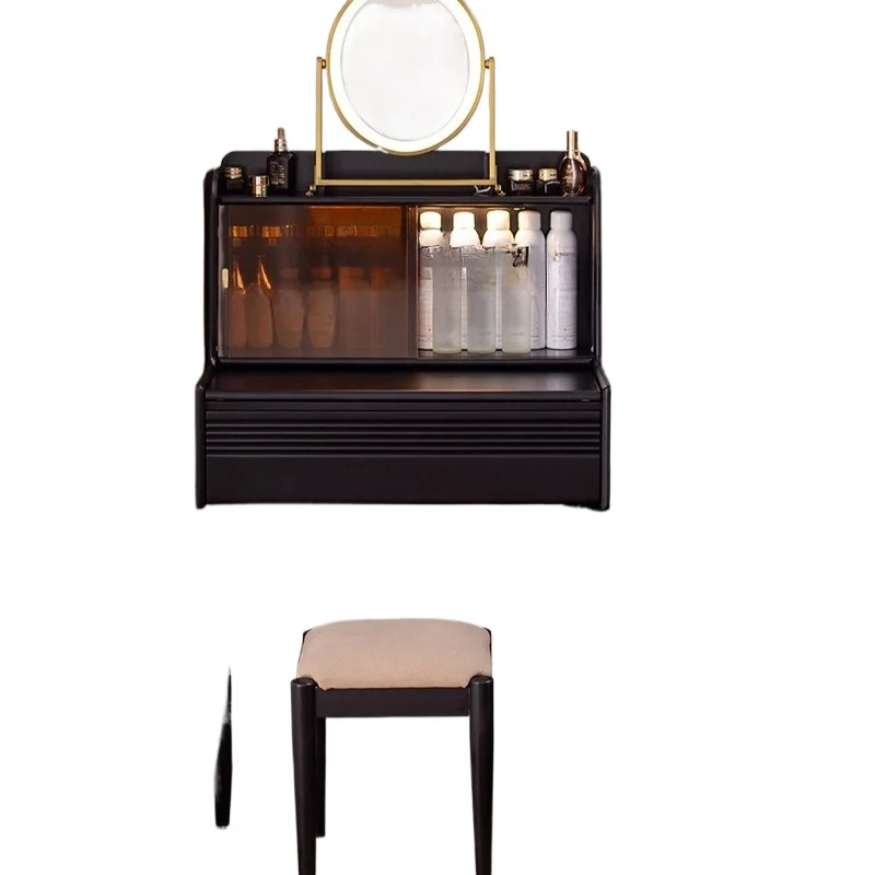 

Black Dresser Bedroom Solid Wood Small Unit Bedside Table with Safe Integrated Premium Retro Makeup Ta ble French Style