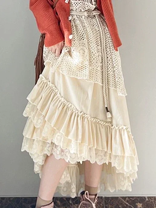 

Lace Velvet Vintage France Skirts Women Irregular Casual Elegant Party Midi Skirt Female Cottagecore Retro Skirt Autumn Boho New