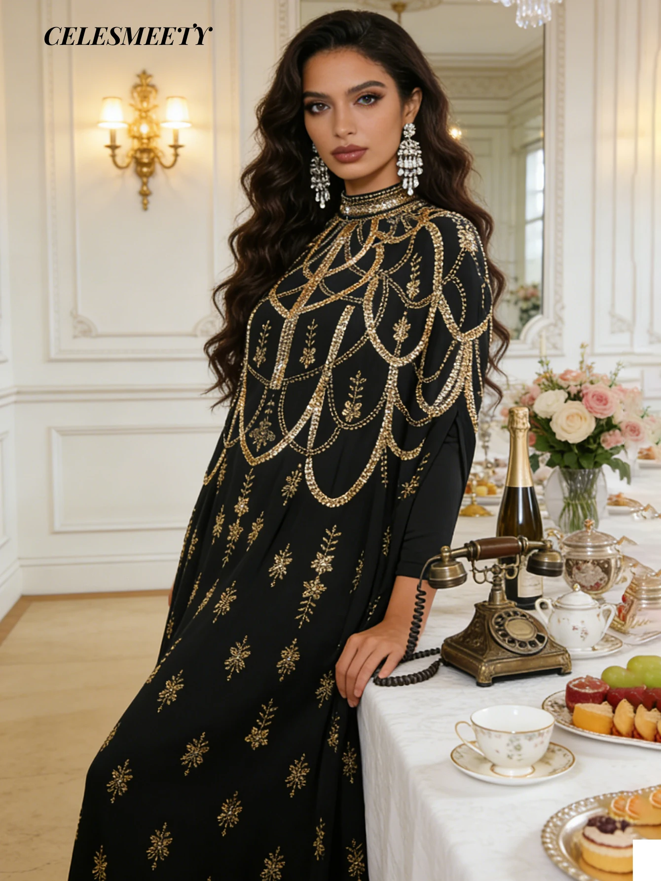 

Luxury Women's Royal Black Gold High Collar Sequin Embroidered Arabic Abaya Cloak Dress, Suitable For Parties, Weddings, Family