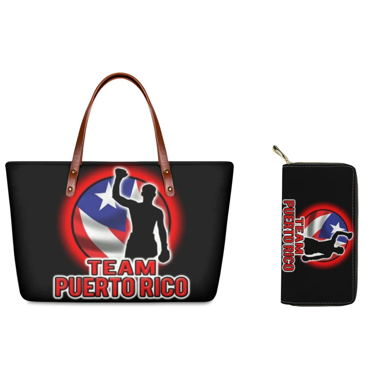 FORUDESIGNS Tote Combo Plus Zipper Purses Women's Street Puerto Rico Flag Printing Various Styles Design Leather Wallet