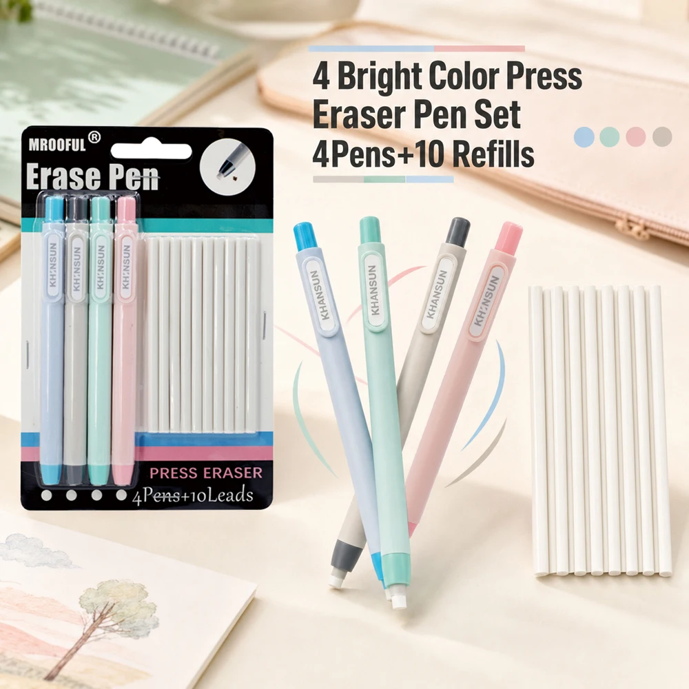 New Press Type Pencil Eraser Set with 10 Replacement Core Automatic Pen Eraser Error Correction Tool Office School Supplies