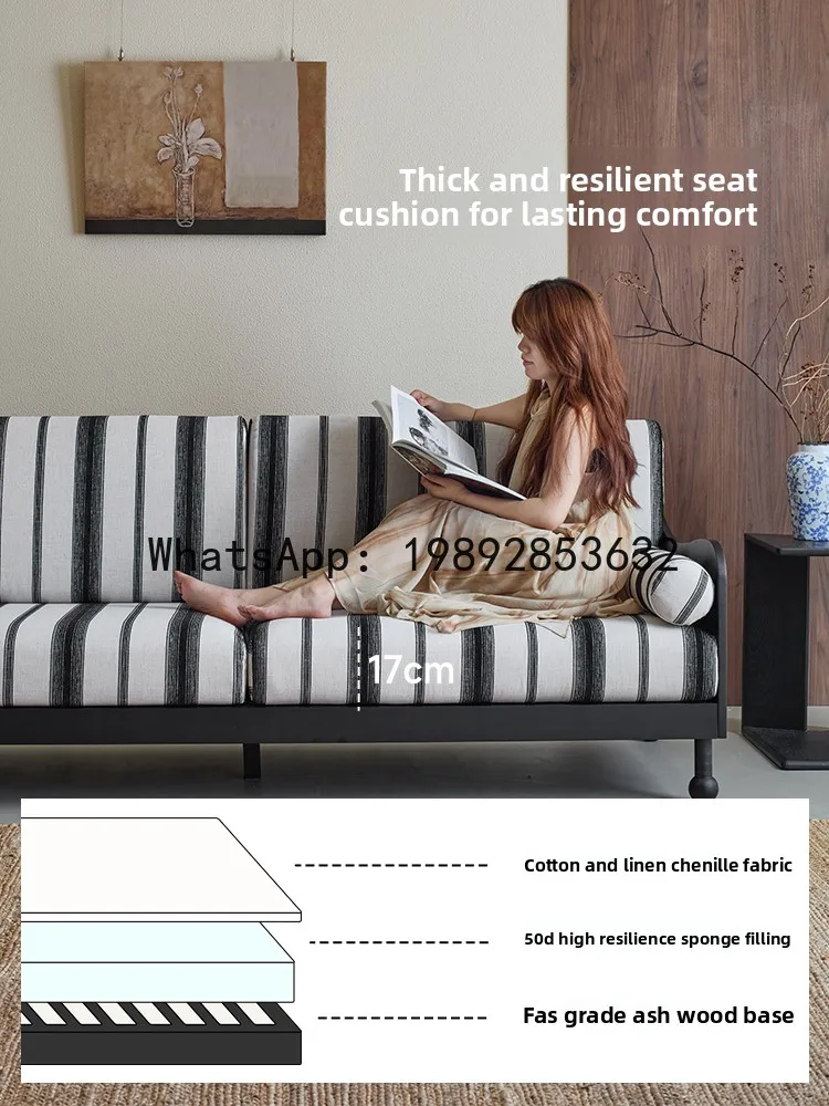 YFY Light Sandalwood Retro Black Vintage High-End Solid Wood Fabric Sofa Living Room Three-Seater Straight Cotton Linen