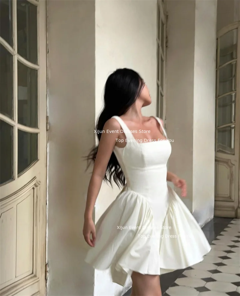 Xijun White Sexy Short PromDresses Square Collar A-Line Back Bow Wedding Dresses Formal Evening Dresses Princess Birthday Party