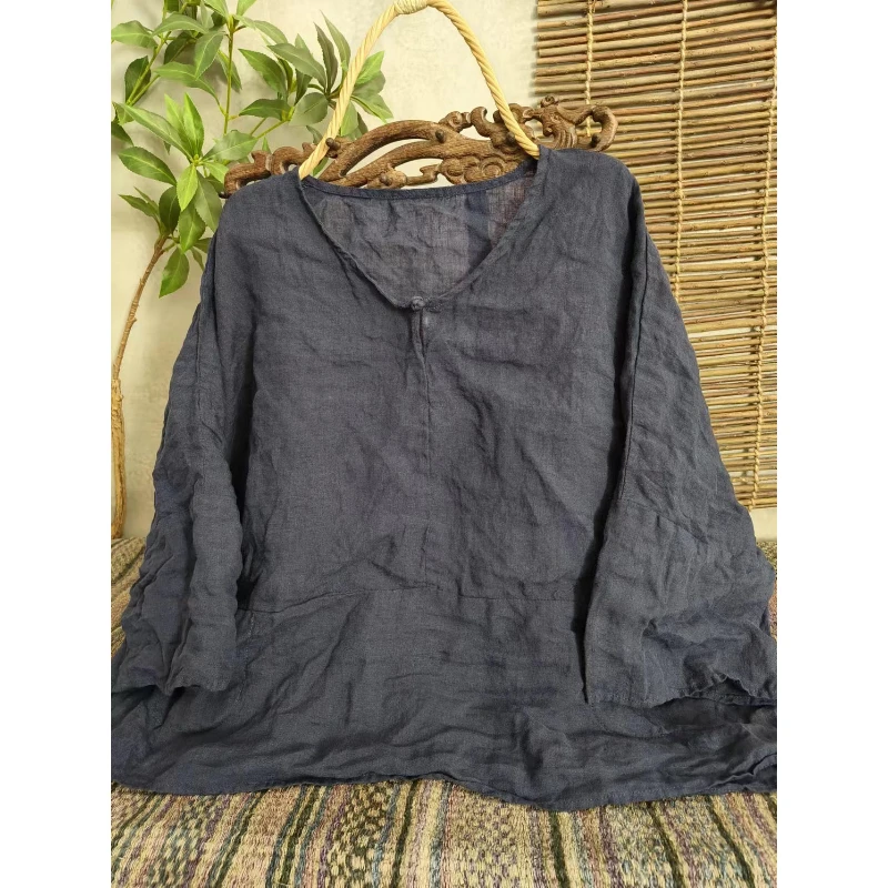 Kobiety Vintage V-Neck Długi rękaw 100% Ramie Wygodne koszulki 2025 Wiosna Nowe koszulki w jednolitym kolorze Luźny wysokiej jakości top na co dzień