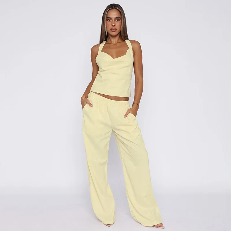 

Fashion Solid Color Backless Chest Sleeveless Top Pocket Wide-leg Pants Sets Women Summer Top Wide-leg Pants Suit For Women 2025