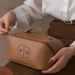 Bolsa de cosméticos de cuero personalizada con nombre, bolso portátil de viaje de gran capacidad, bolso de maquillaje de cuero PU para dama de honor