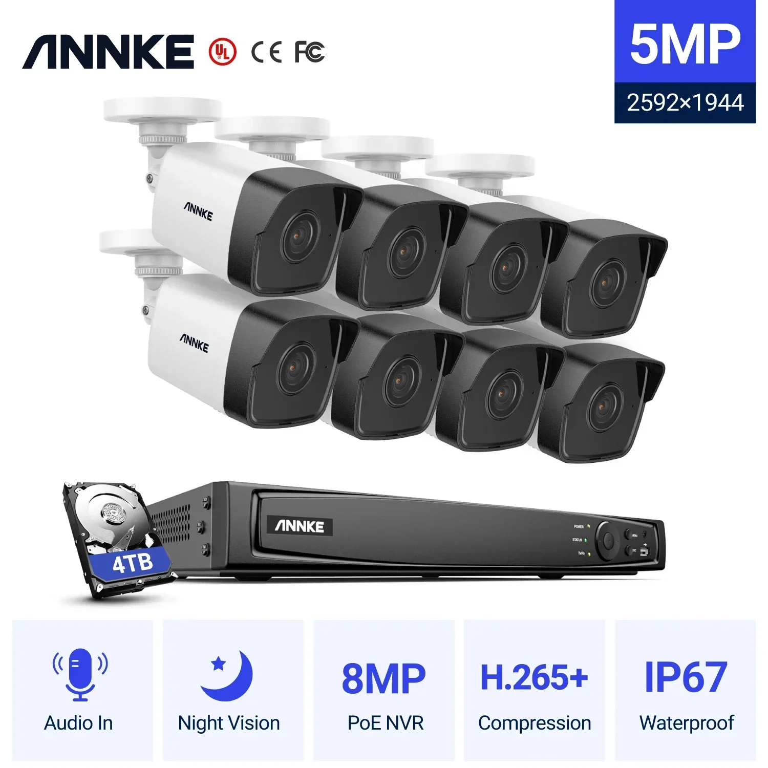 ANNKE H.265+ 16CH 8MP PoE NVR Security Camera System 8pcs 5MP IP POE Camera with Audio CCTV System with 4TB Hard Drive