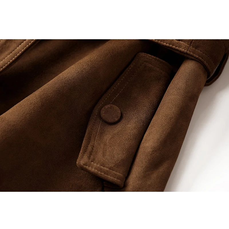 Giacca in vera pelle da donna in pelle scamosciata per bambini Giacca casual in pelle di capra importata con cintura doppiopetto marrone caffè a vita sottile
