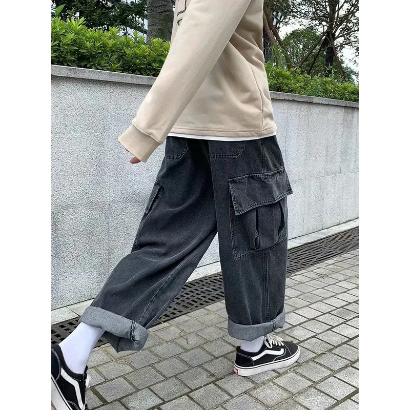 だぶだぶのジーンズメンズオーバーサイズストリートファッションワイドレッグカーゴパンツヒップホップ原宿マルチポケットデニムパンツブラックブルー