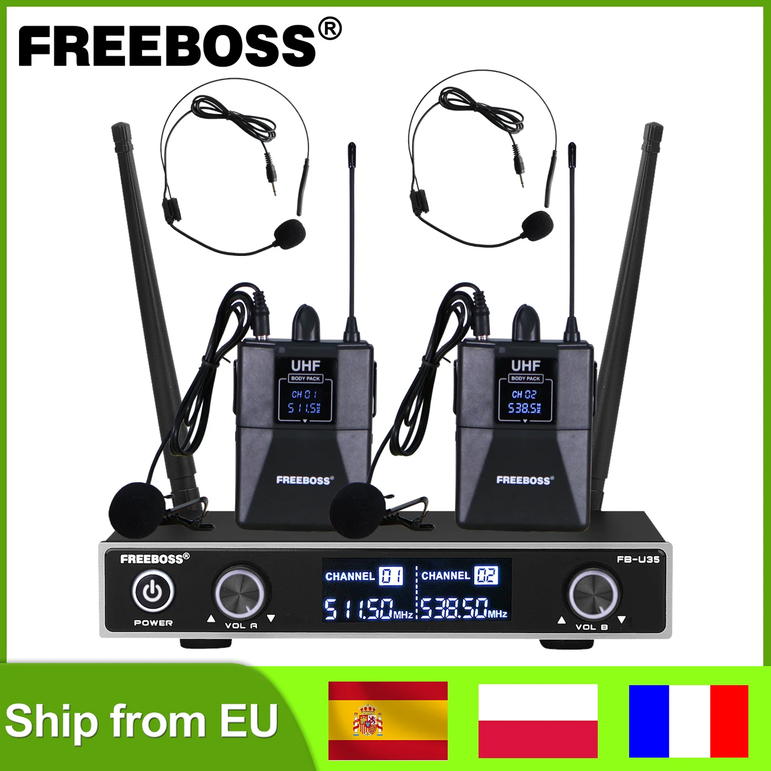 FREEBOSS Dual Way UHF Wireless Microphone Speech Church School Party 2 Bodypack Transmitter Lavalier Headset Mic FB-U35H2