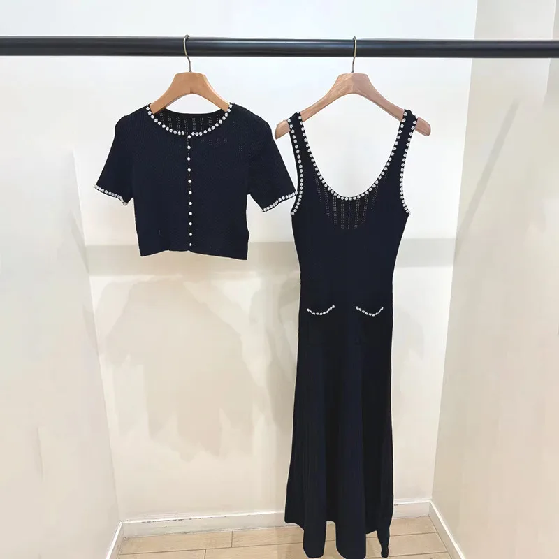 CHUJIE 2025, neues, robustes Kristallstrick-Set – bauchfreie Strickjacke mit Rundhalsausschnitt und ärmelloses Slip-Kleid, vielseitig einsetzbar für Frühling/Sommer/Herbst