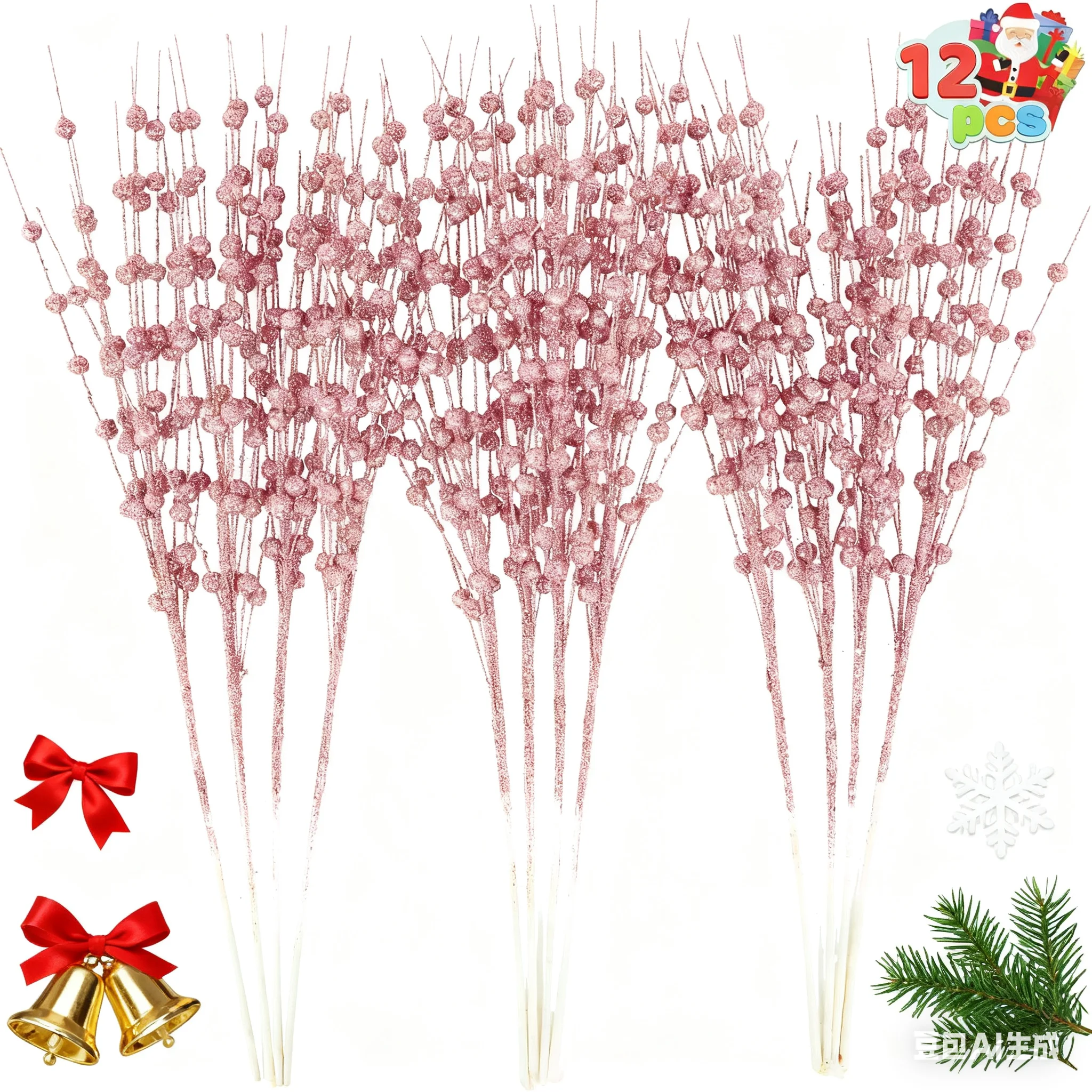 5 قطع من فروع التوت الاصطناعي اللامعة الوردية لتزيين شجرة عيد الميلاد وديكور المنزل وإكسسوارات ديكور السنة الجديدة #1