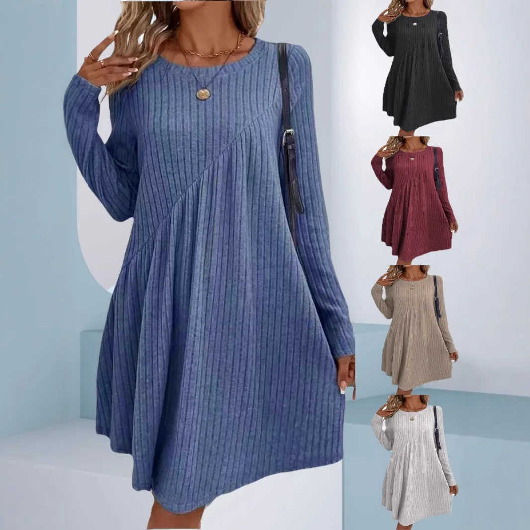 المرأة n غير النظامية ماتي اللون الدكتور Thiened محبوك مرونة الخصر البوليستر النسيج الخريف الموسم بوهو Sle Dr #1