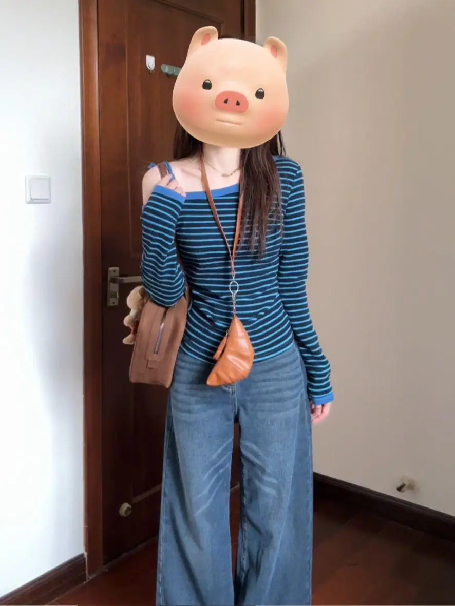 

American Retro Striped Long Sve One oulder T-irt Women's Summer Slimming Top Beautiful Casual Commute Sle ort Length