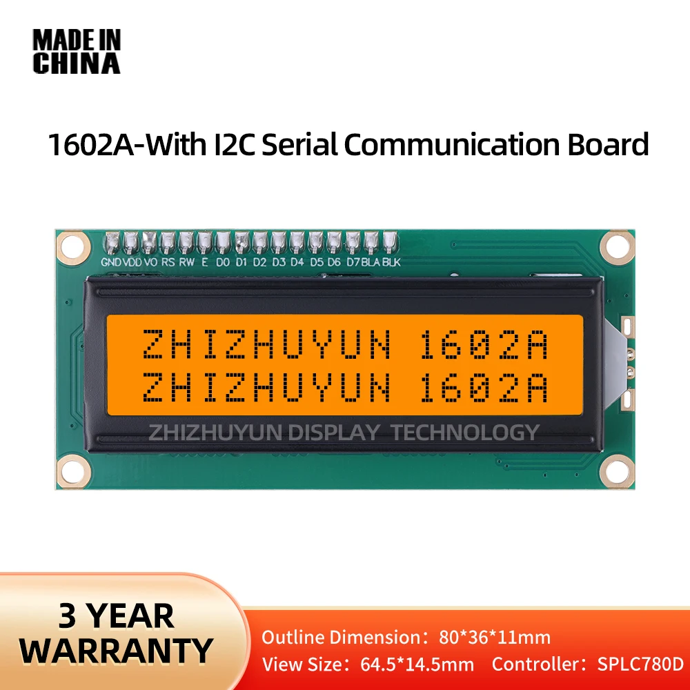 LCM1602A IIC Adapter Board Orange Light Black Characters LCD Screen Module PCF8574T PCF8574 I1C12C Interface 5V