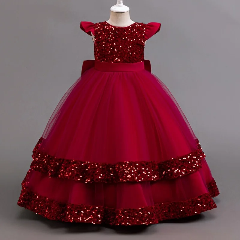 Girls sequined big bow princess dress fashionable small flying sleeves puffy skirt birthday party stage performance host wedding