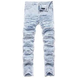 Jean Denim Bleu Clair à Franges pour Homme, Pantalon Déchiré, Streetwear, Patchwork