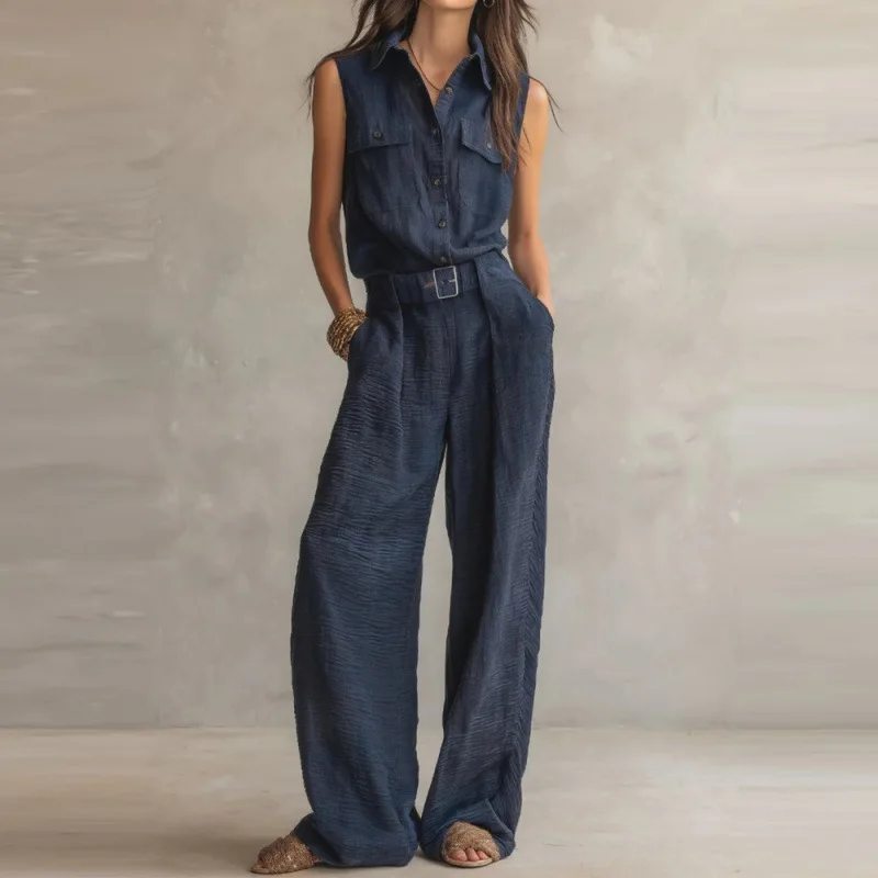 

2026 Women Two-Piece Workwear Set Vintage Lapel Sleeveless With Belt Summer Button Top With Loose Straight-Leg Pants Set