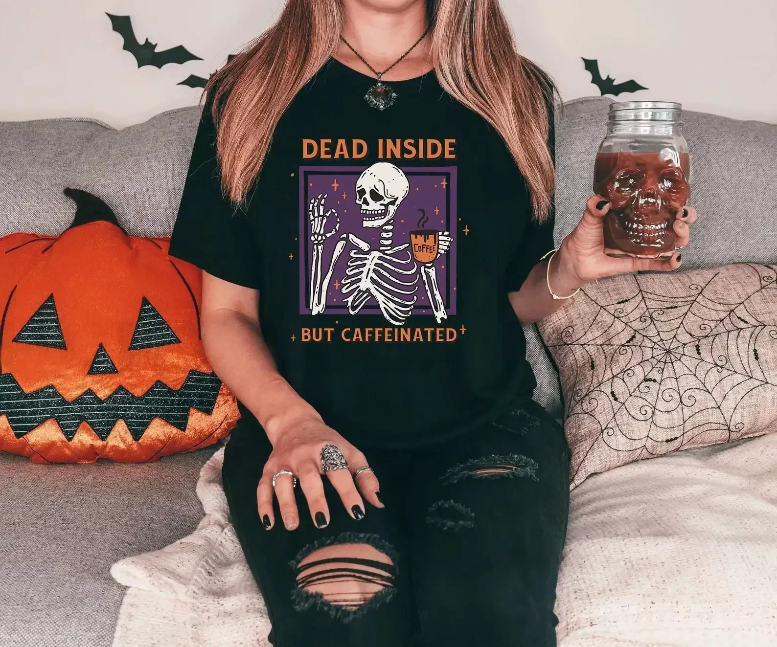 Dead Inside But Caffeinated T Shirt Skeleton Coffee Halloween Addict Lover Funny