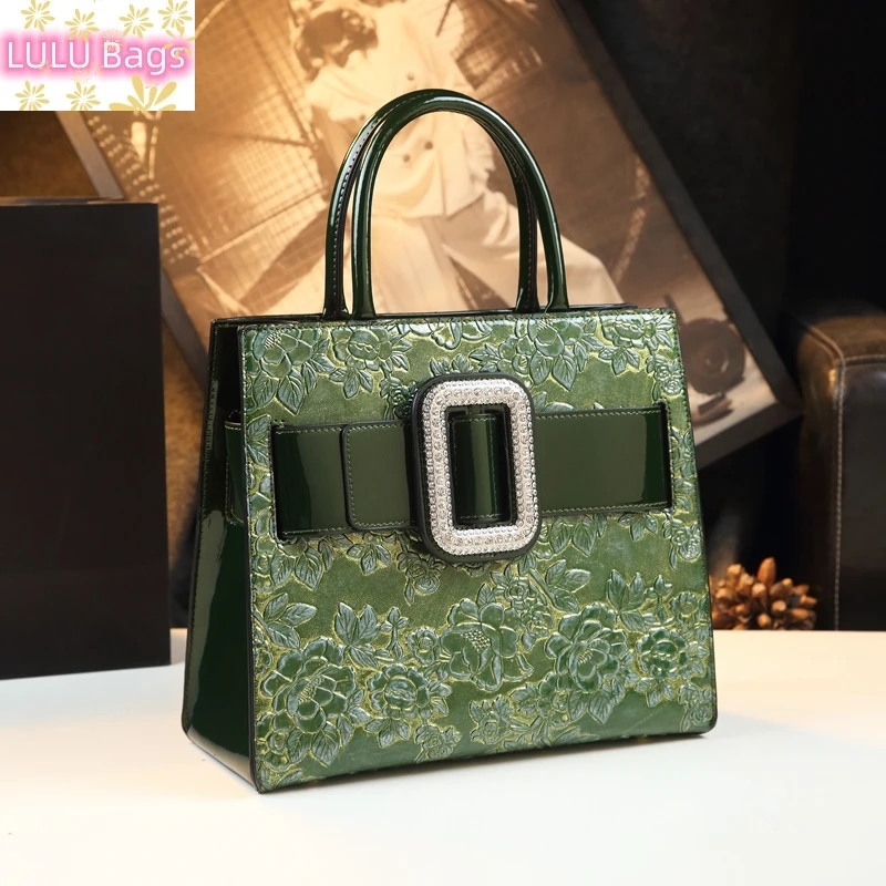 

Luxury Fashion Genuine Leather Women's Bag 2023 New Diamonds Lady Flowers Handbags Mom Portable Shoulder Messenger Bags Green