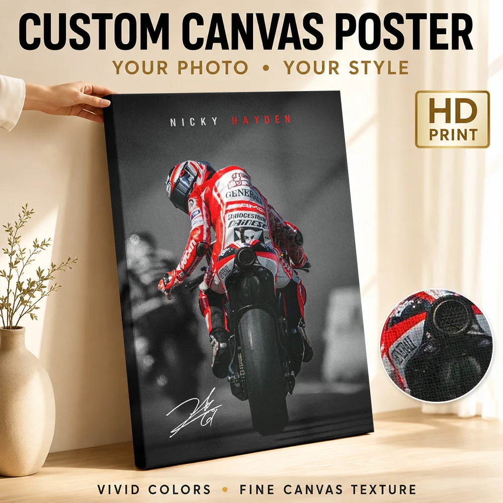 Nicky Hayden Motorcycle Canvas Painting Poster Personalized Retro Automotive Wall Art for Garage Decor Ready to Hang Home Gift