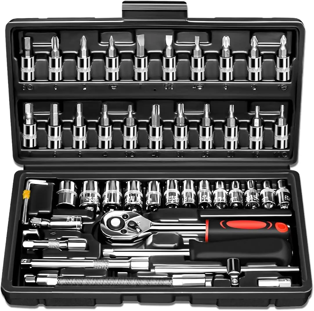 46 Piece 1/4 Inch Drive Sleeve Ratchet Wrench Set Metric Drill Sleeve Extended Rod Hand Tool Case Kit Auto Repair Garden