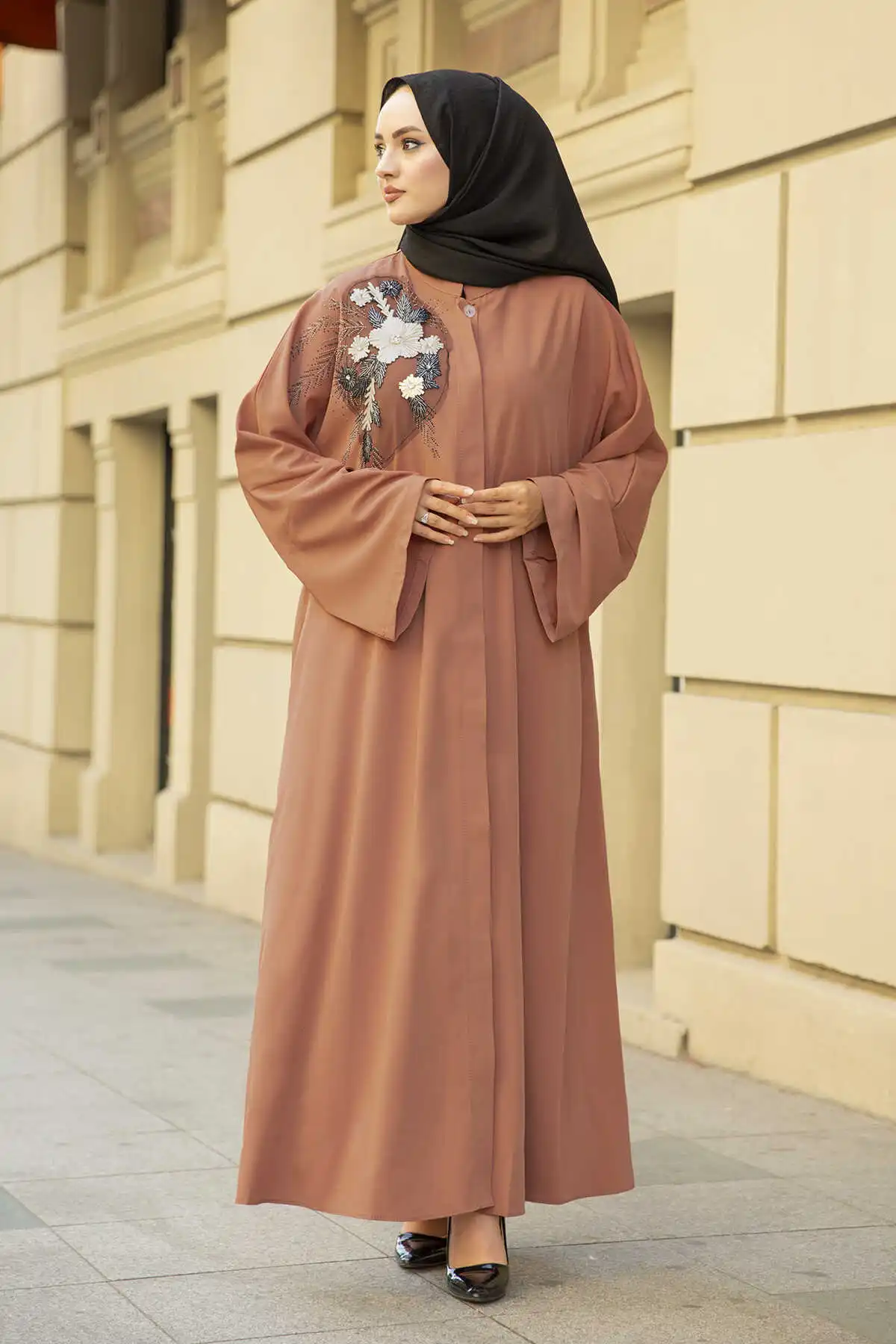 Nakışlı Stone Detail Abaya Dress ASH-Peach Winter Autumn 2021 Muslim Women Hijab headscarf Islamic Turkey