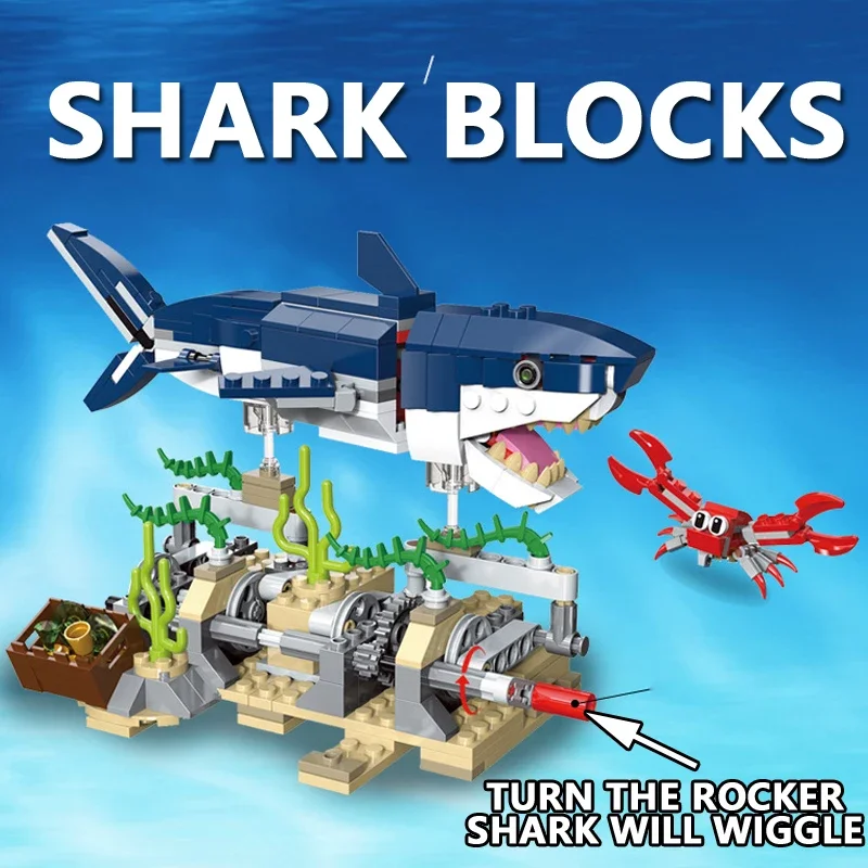 3in1 Creative Sea Seabed Life Shark Crab Grass Animal Mechanical swimming shark Building Block Toy