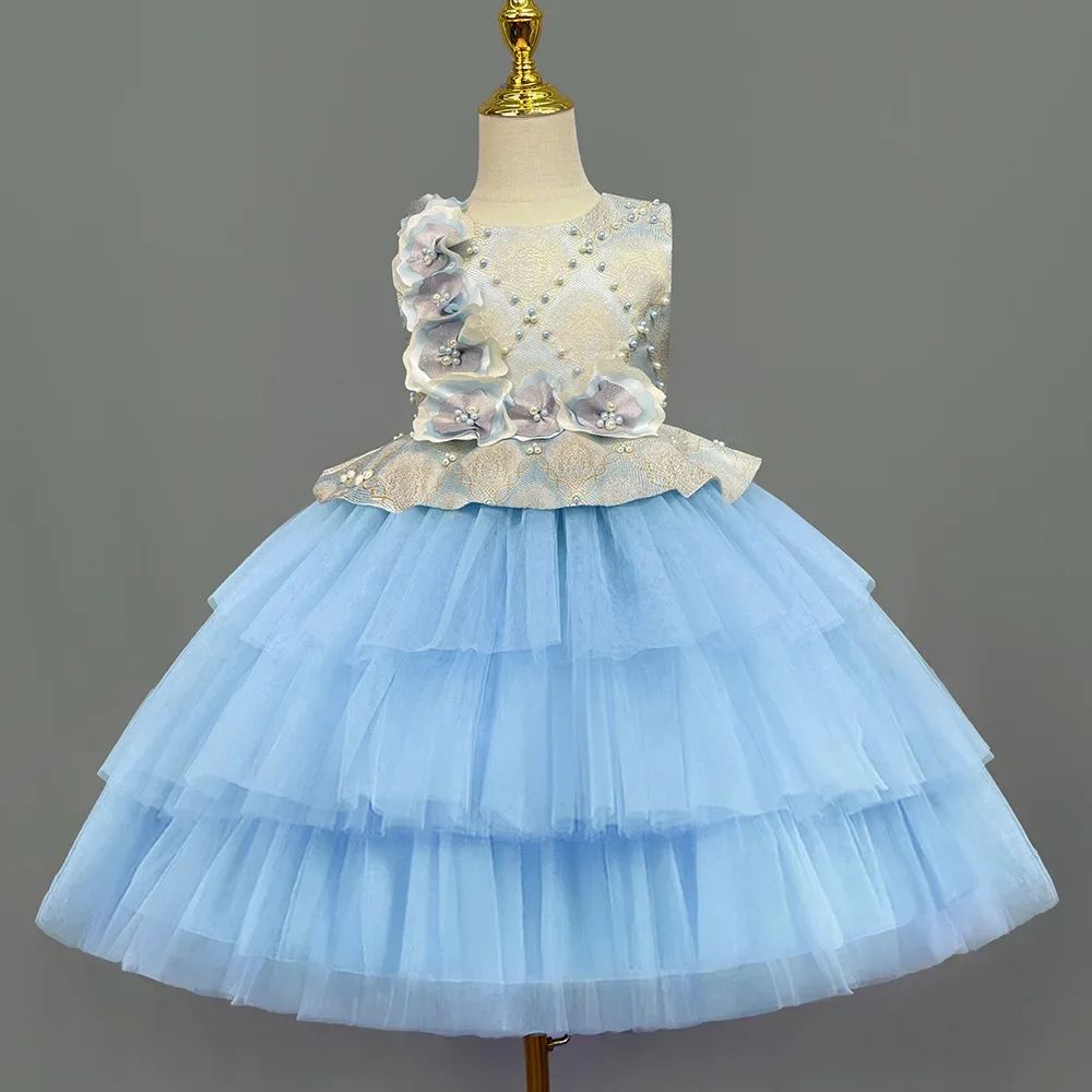 Children's princess  new floral girl fluffy cake little girl hosting piano performance dress