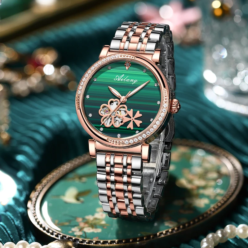 

Fashion Women's Watches Skeleton Mechanical Wristwatch Stainless Steel Waterproof Luxury Diamond Automatic Watch Women