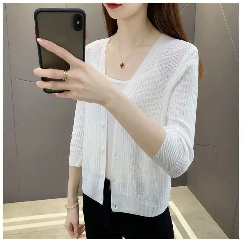 Spring Summer Short Cardigan Knitting Coat Women 2024 New Fashion Loose Hollow out Pure Colour Black Sunscreen Shirt Female