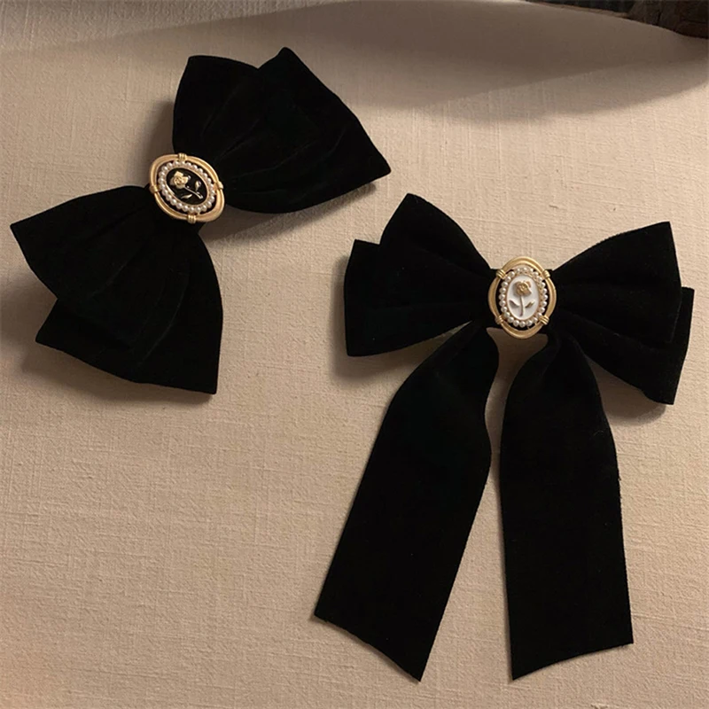 Für Frauen Mode Pferdeschwanz Haarspange Kopfbedeckung Zubehör Schwarz Samt Schleife Haarnadeln Elegante Stoff Legierung Rosen Haarspangen
