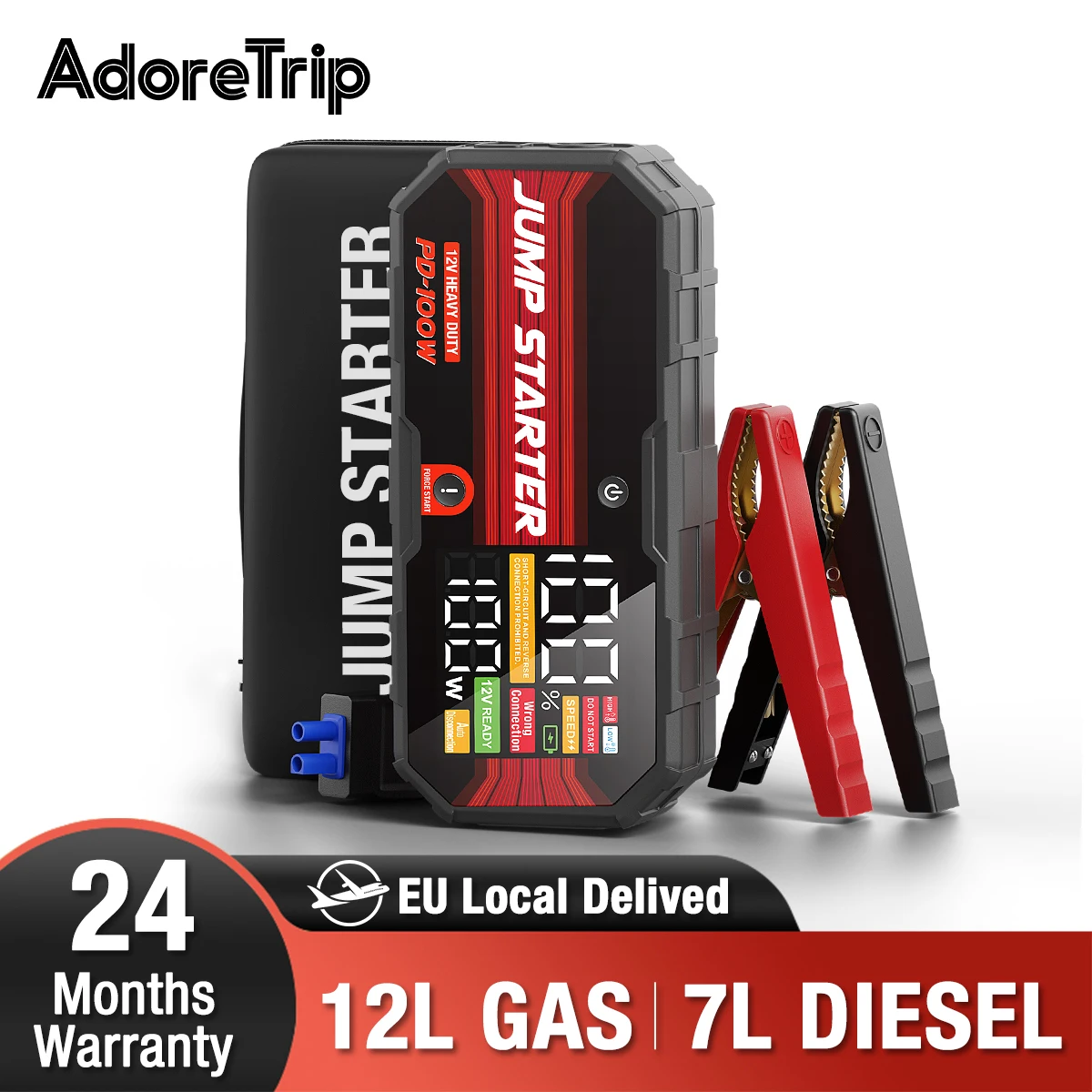 AdoreTrip Booster Samochodowy 12V Starter Rozruchowy Power Bank 12L Benzyna 7L Diesel PD100W LCD 3.7 Cala Inteligentna Ochrona