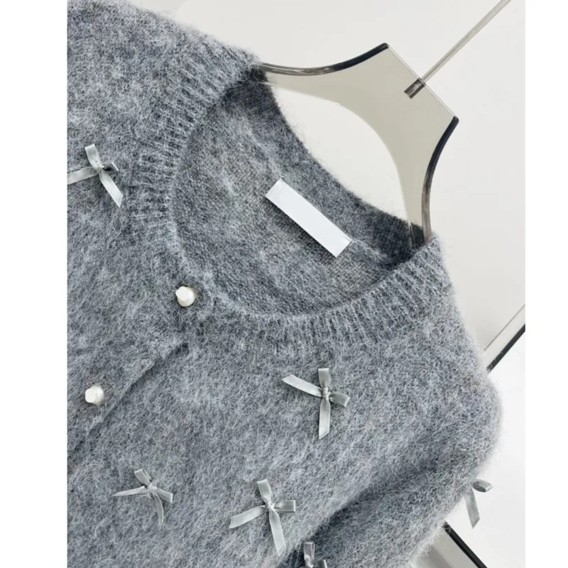 Kawaii Bow Knitted Cardigan Women Long Sleeve Grey Sweater Korean Casual Cardigan For Women Harajuku Loose Coat 