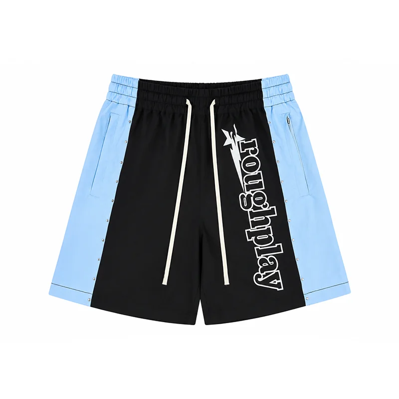 2026 New Rough Play Men Women Hip‑Hop Contrast Spliced Rivet Drawstring Elastic Casual Shorts