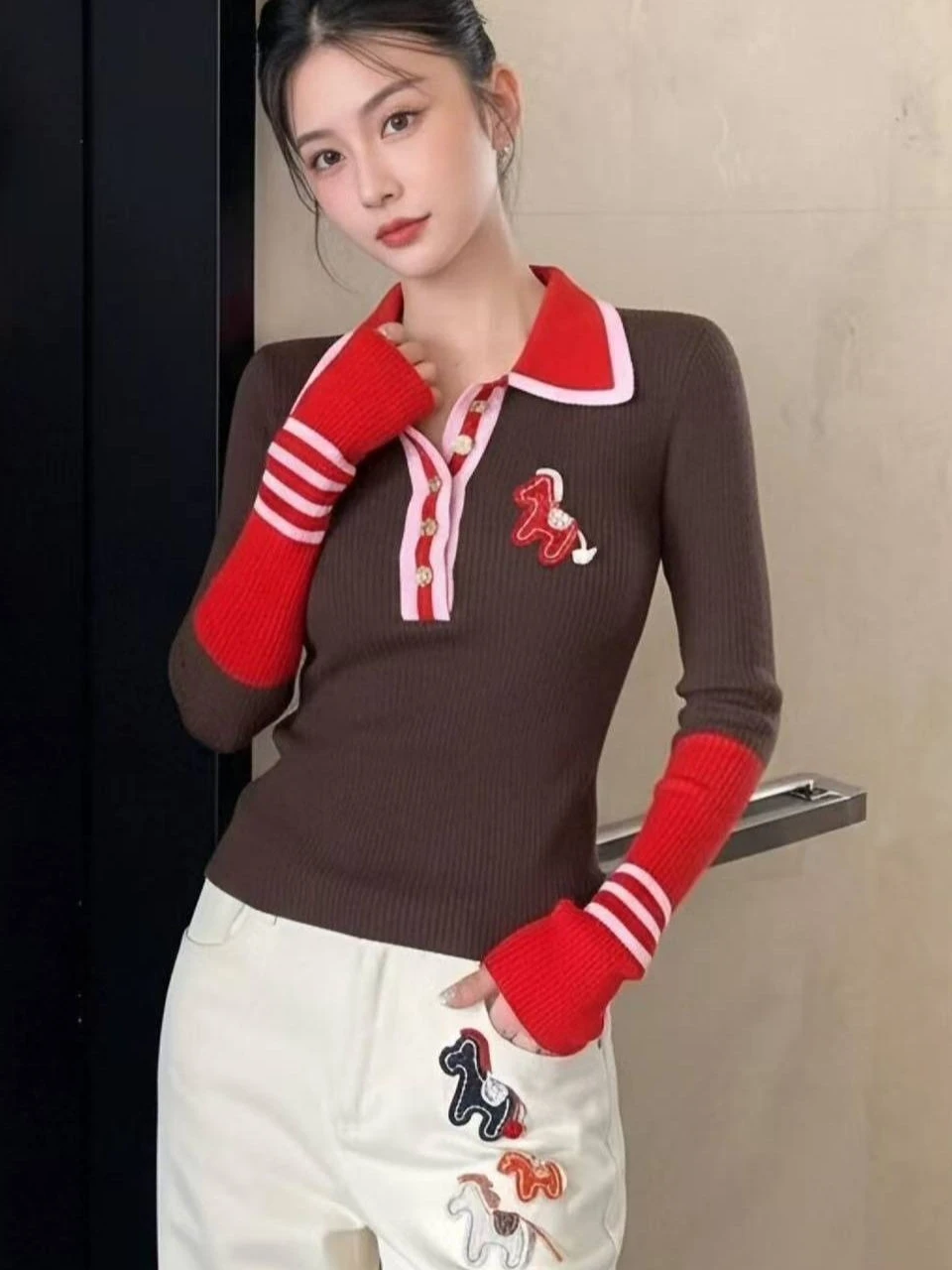 Winter Pony Embellished Women's Knitted Polo Collar Sweater Brown Fitted Long Sleeve Top Red Pink Trim Sweet Elegant Lady Blouse