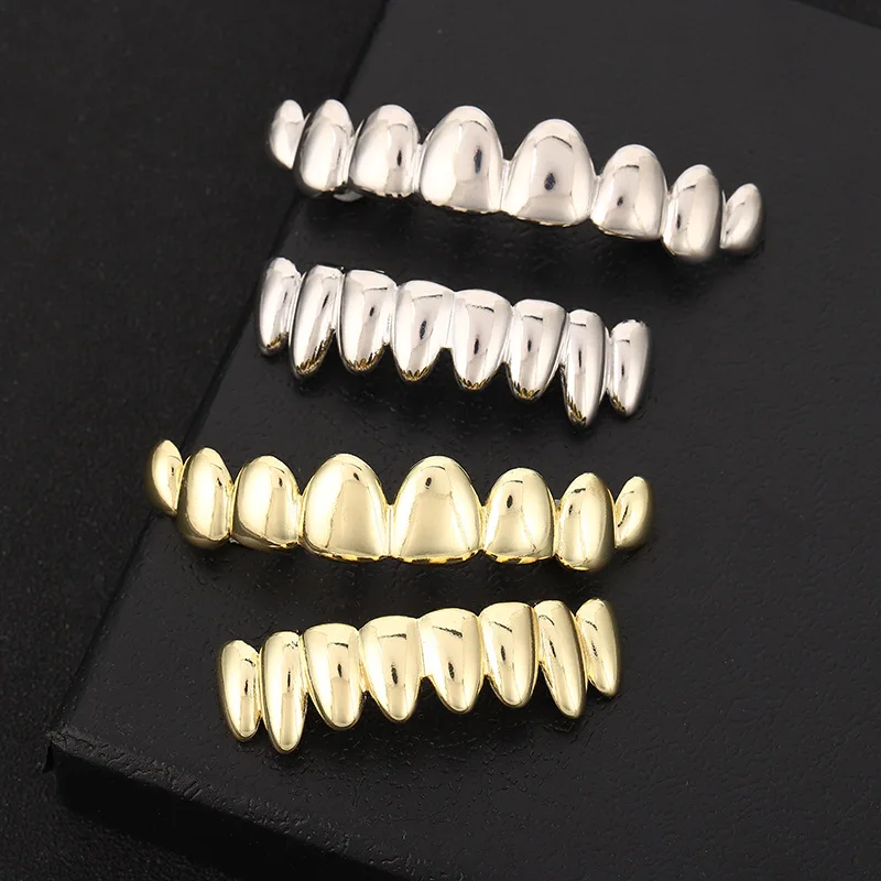 Gold Silver Plated Irregular HIP HOP Teeth Grillz Top & Bottom Grills Set With silicone Real Shiny Vampire Tooth Sets