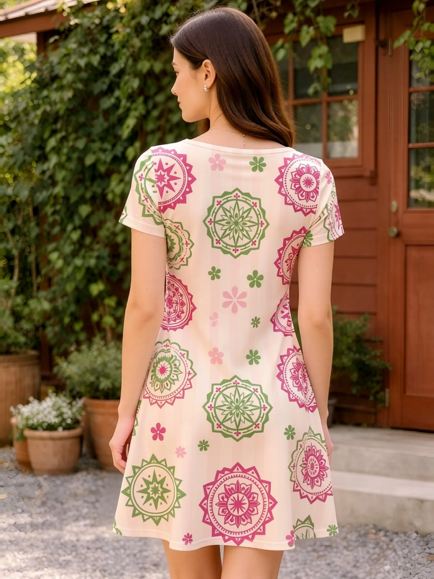 Womens V Neck Floral Short Sleeve Dress Casual Resort Vacation Sundress Soft Everyday Outfit Look Outing Trip Wardrobe Soft Chic