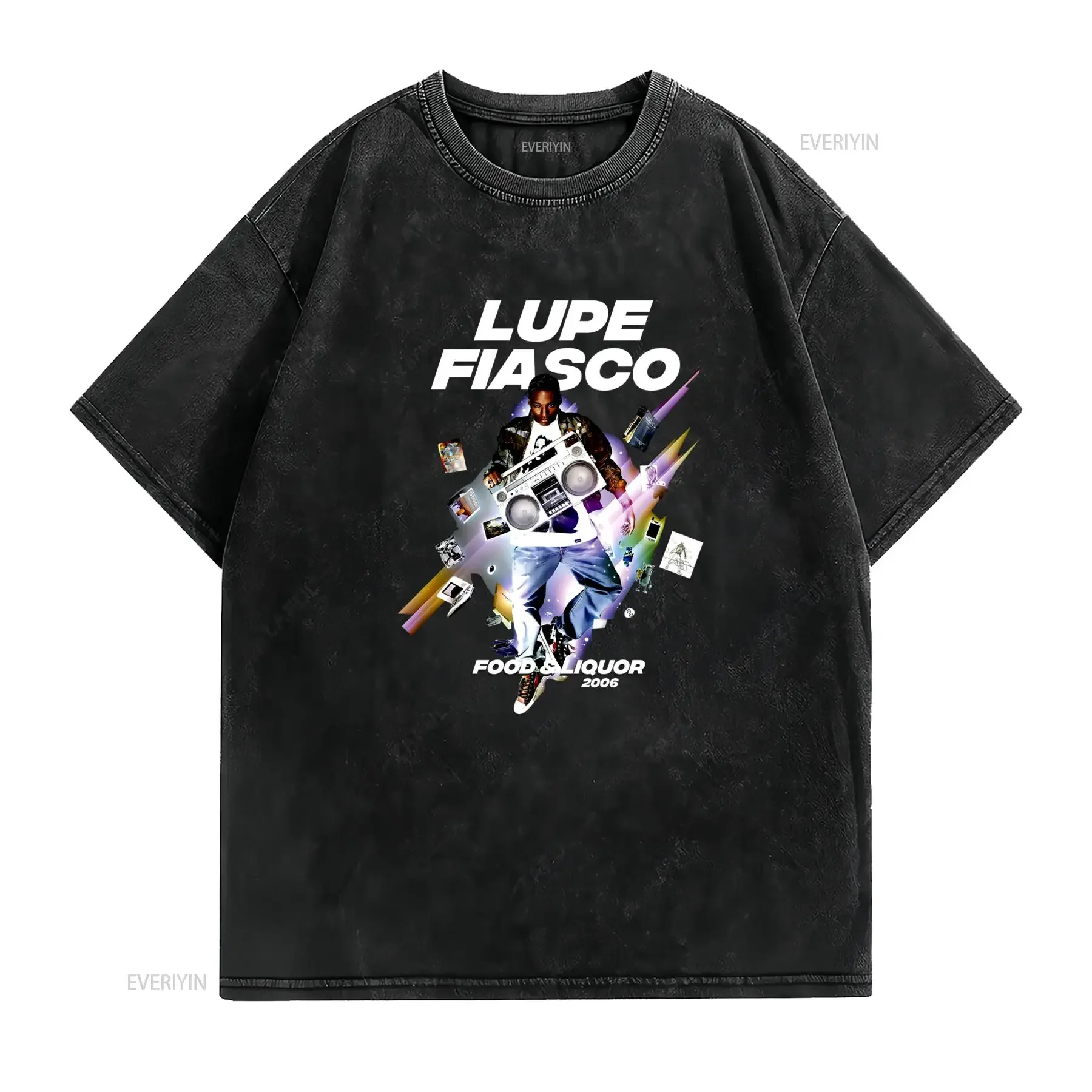 Vintage Streetwear Lupe Fiasco Food Liquor 2006 Hip Hop Rapper Boombox Print Casual T Shirt vintage Washed streetwear