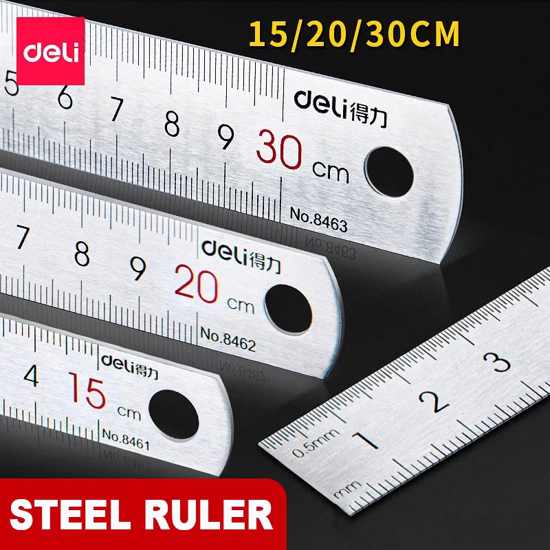 Deli Stainless Steel Ruler 15/20/30cm Metal Straight Ruler for Home School Precision Measuring Drawing Tool Supplies