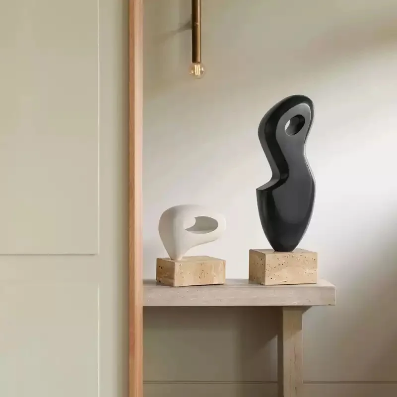 ！@Hand Carved Wooden Abstract Sculpture Natural Organic Shape Stone Base Art Decor for Home Office