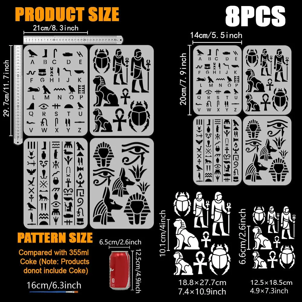 8PCS Egypt Painting Stencil 8.3x11.7/5.5x7.9 Inch Bird Pharaoh Pattern Plastic Egyptian Template Egyptian Hieroglyphs Stencils