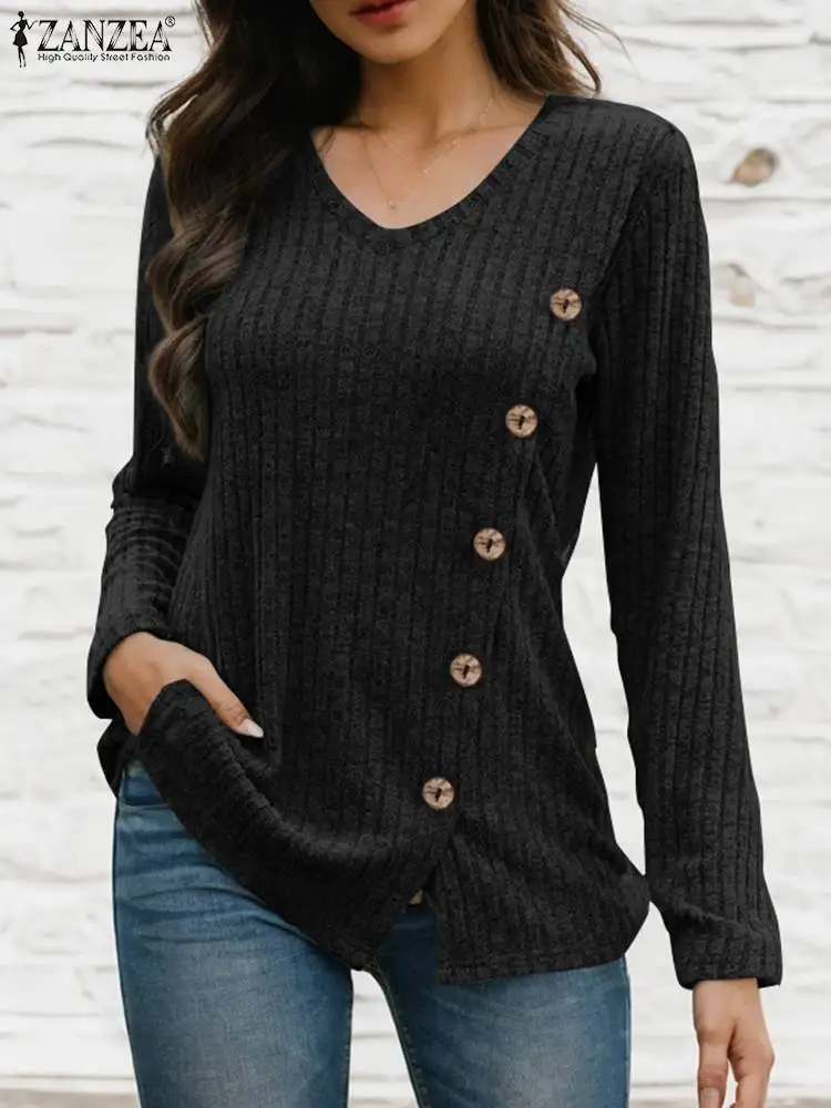 ZANZEA Women Ribbed Buttons Decoration Blouse Autumn V Neck Long Sleeve Shirt Casual Elegant Slim Tops Tunic Fashion Blusas 2024