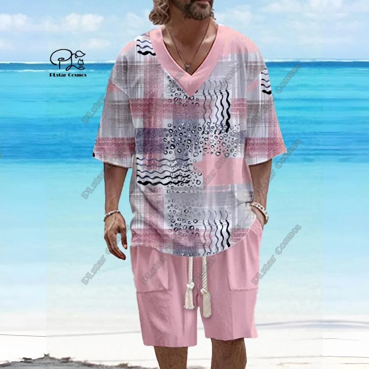 PLstar Cosmos 3D printed new men's V-neck gradient retro pattern short sleeved shorts T-shirt suit casual series T-28