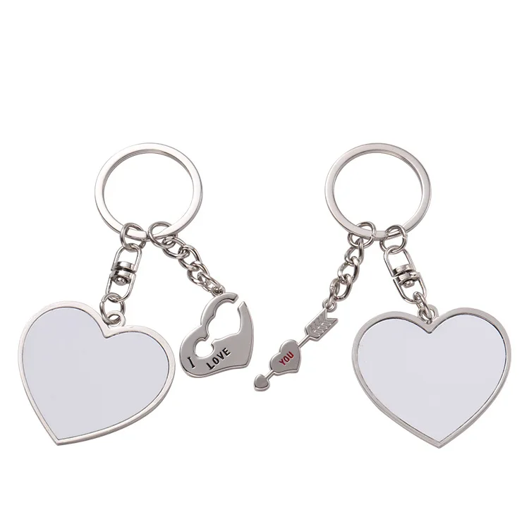 Sublimation Blank Keychain 1Pair=2pcs Metal Pendant Key Chain Round&Heart Shaped Key Ring Holder Custom Logo Jewelry Small Gift